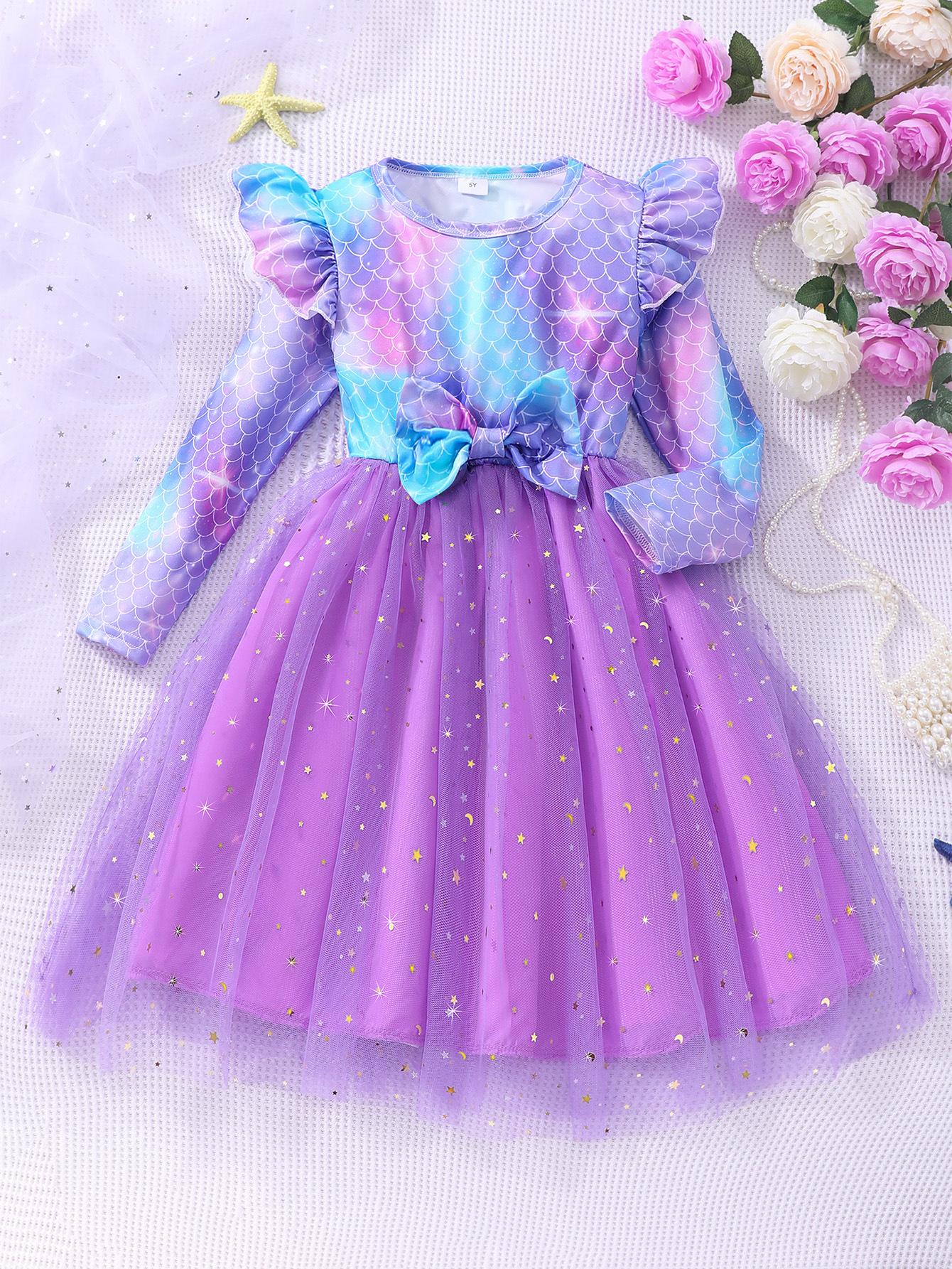 

Модне плаття для дівчинки з довгим рукавом, круглим вирізом, з сітки з риб ячою лускою, весняно-літнє повсякденне плаття для дітей 4Y