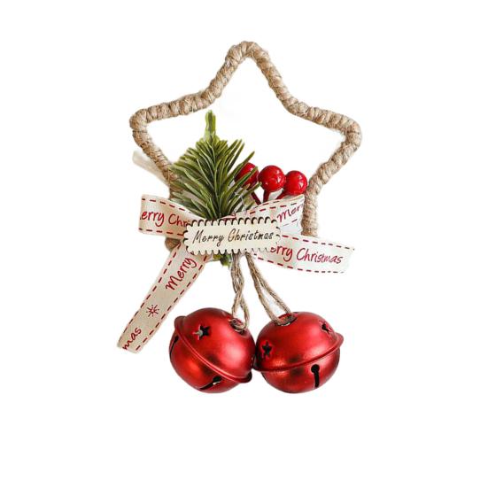 Christmas Jingle Bell Rustic Iron Door Hanging Star Bell with Bow Pine Picks Red Berry for Christmas Wreath Gift Wrapping Craft Home Decor