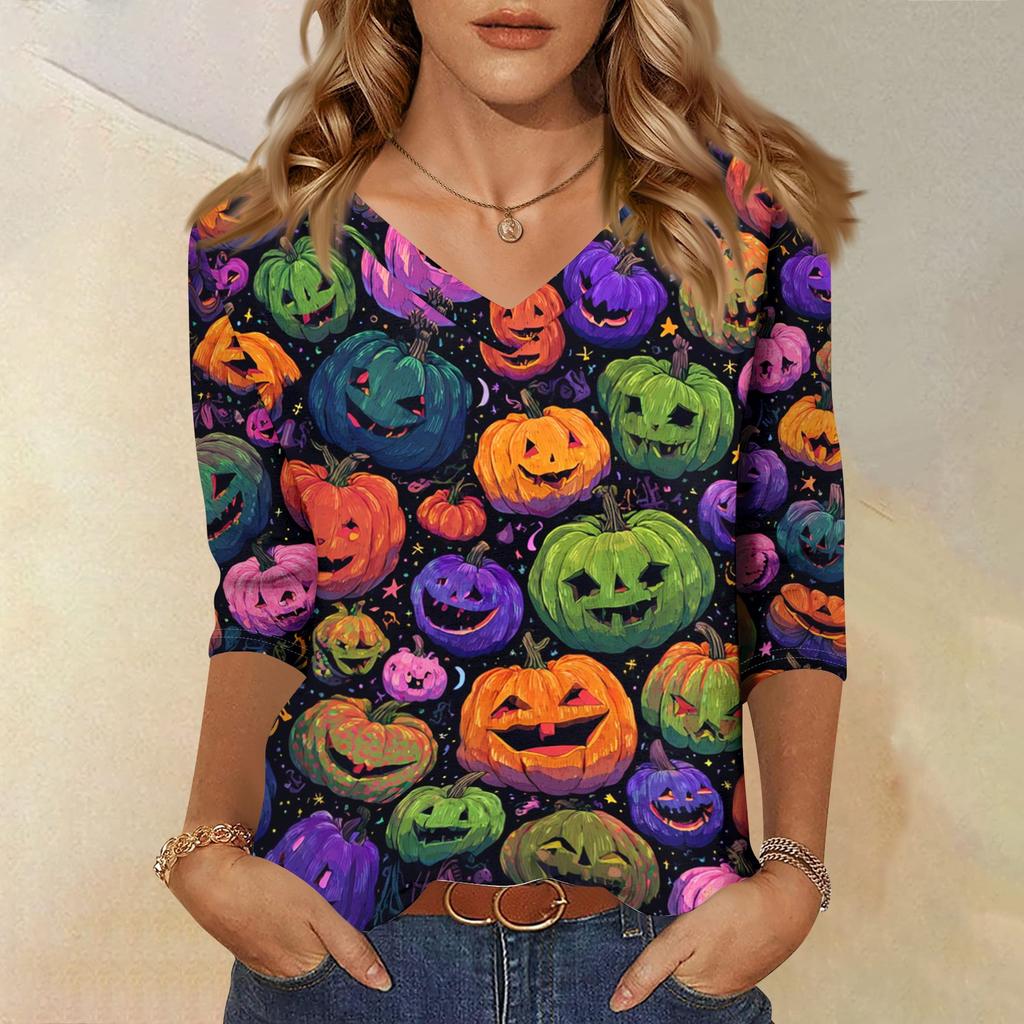 Womens Casual V Neck Three Quarter Sleeve Top Halloween Print Loose Fit Pullover Shirt Lightweight Soft Fabric