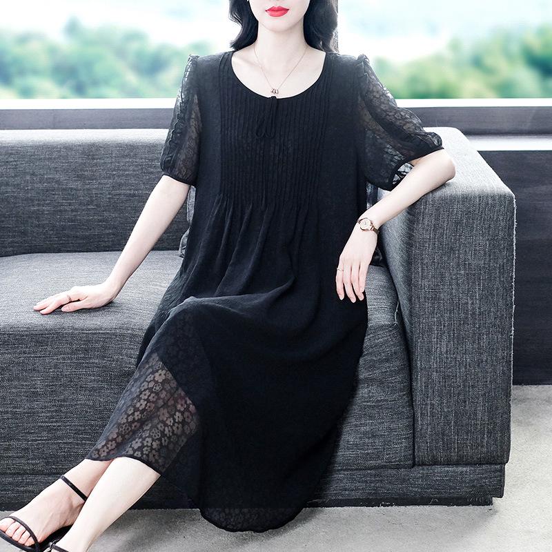 

Платье из шифона премиум-класса с коротким рукавом большого размера для женщин среднего возраста 6XL (220-240 jin) чёрный