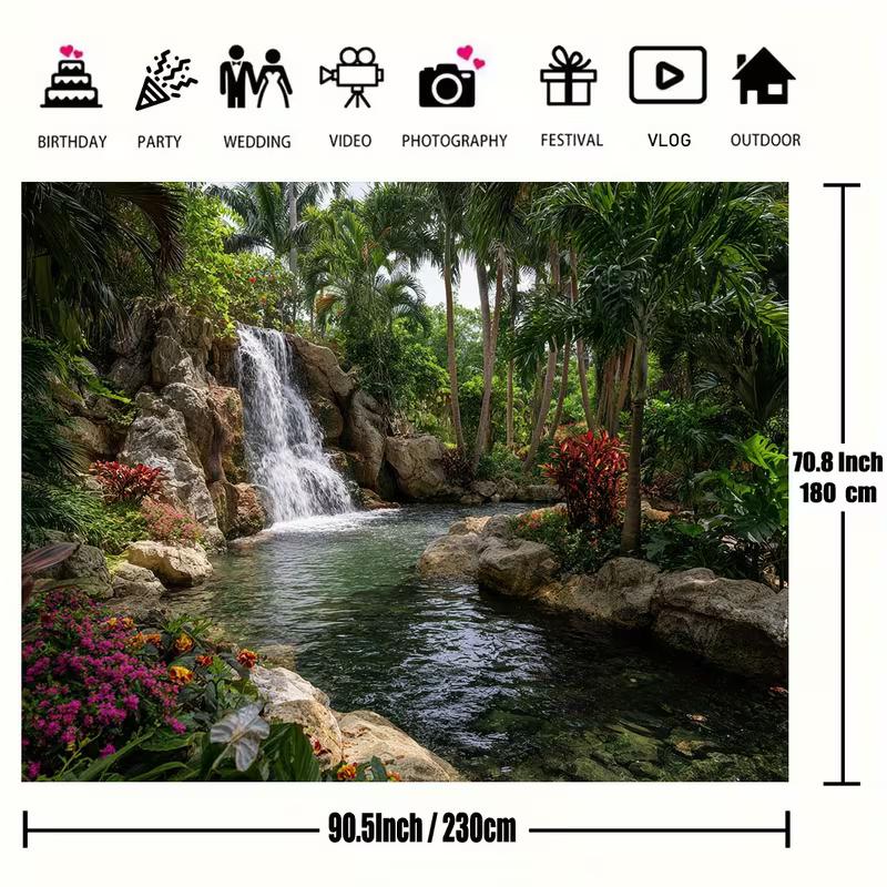2D Tropical Nature Backdrop, Waterfall Palm Tree Pool Background for Home Decoration