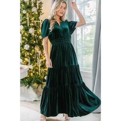 Christmas Velvet Dress Women's Short Sleeve Waist Pocket Dress Long Style Dazzling Sexy Dress