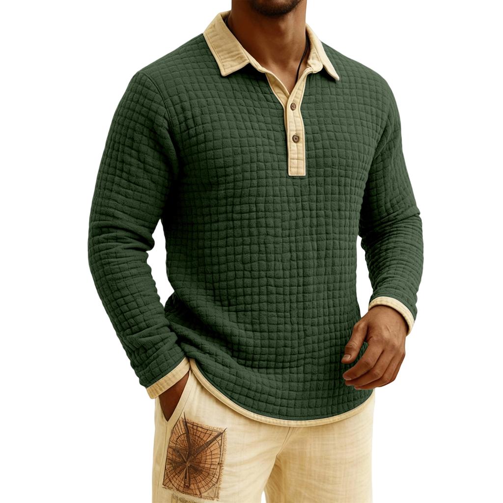 Men's Quilted Knit Color,blocked Pullover Button,down Top