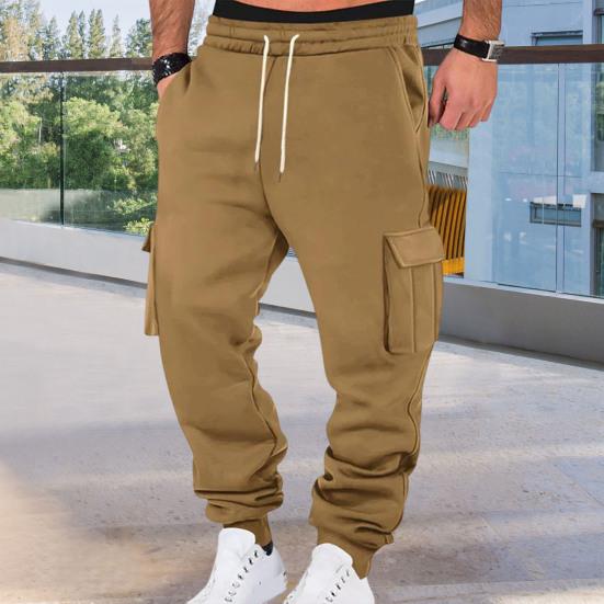 Men Cargo Pants Mid-rise Adjustable Waist Drawstring Casual Trousers with Reinforced Pockets Versatile Casual Wear