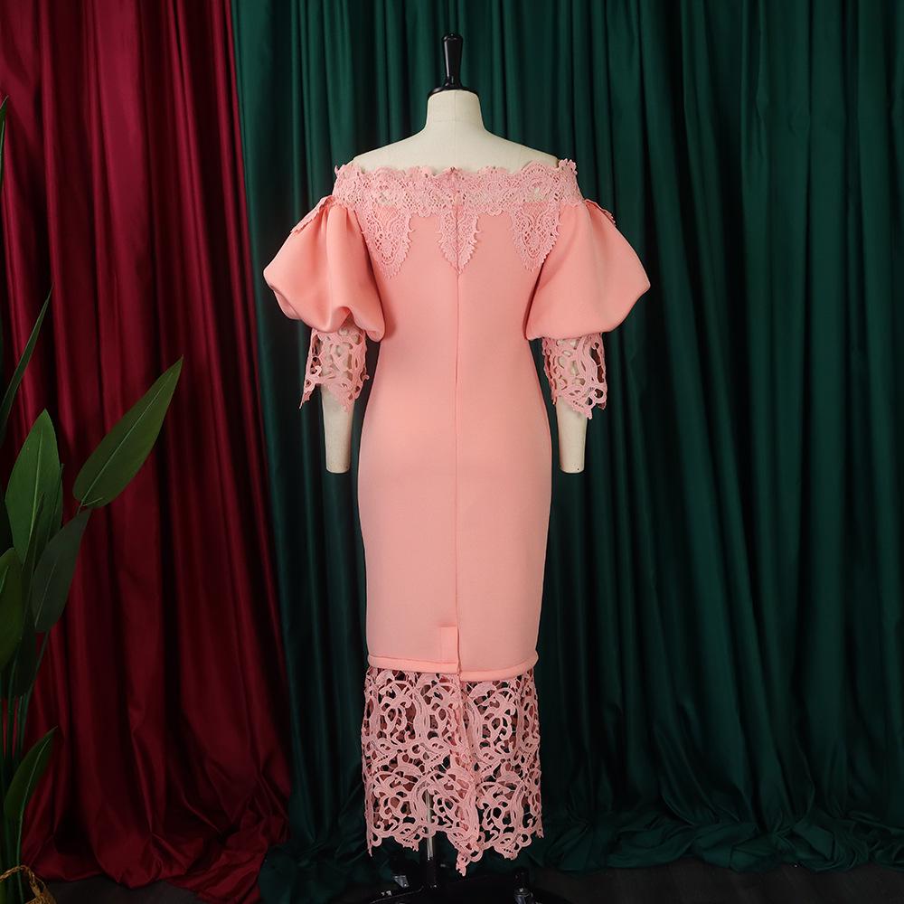 Women's One-Shoulder Lace Banquet Dress with Lantern Sleeves