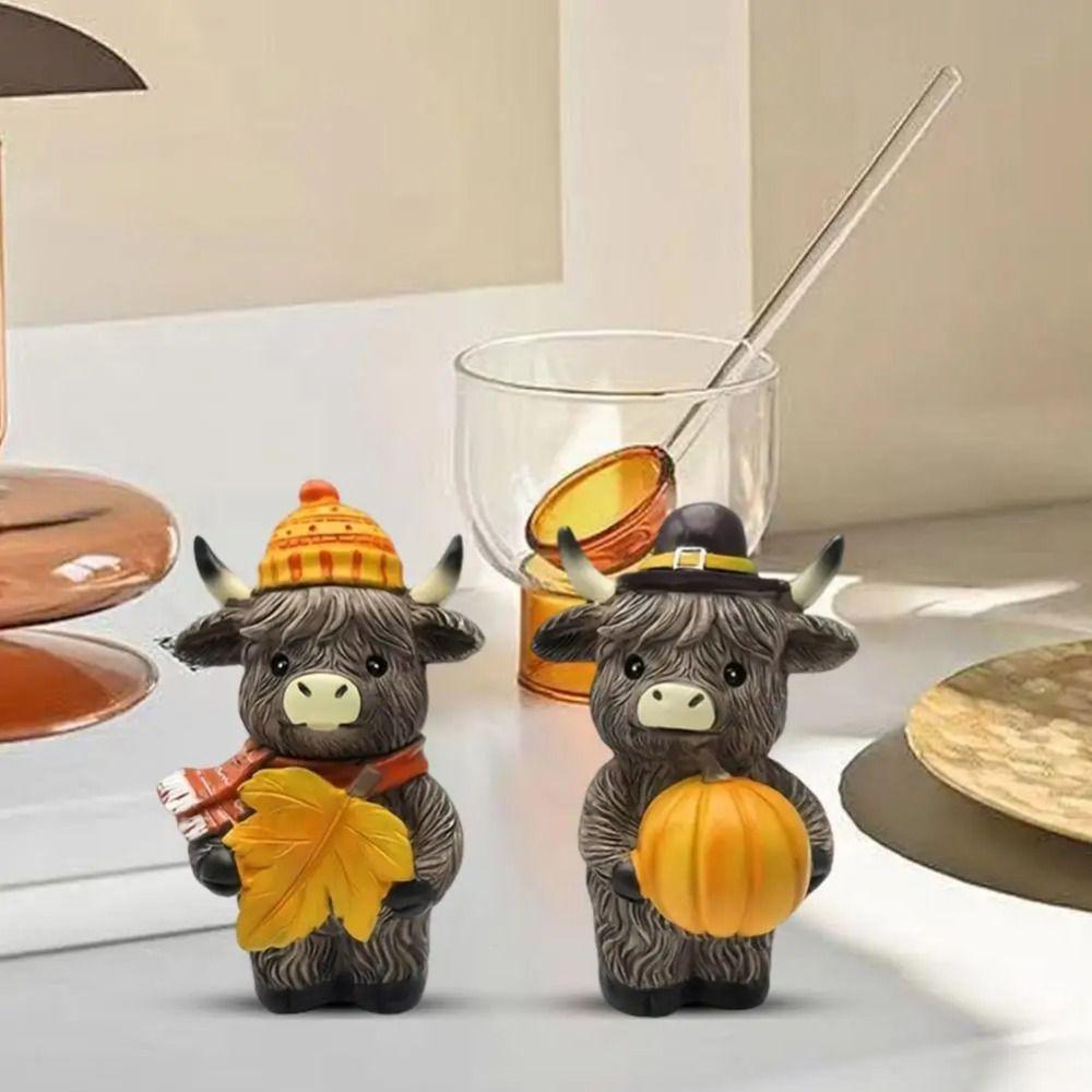 2pcs Cute Highland Cattle Ornament Resin Animal Figurine Sculpture Home Decor Cow Statue  Farmhouse