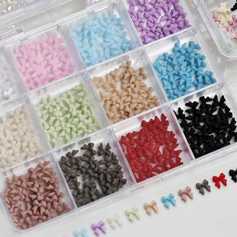 12Grids/Box Mixed Resin Bowknot Tie Ballet Ribbon Nail Charms 3D Colorful Kawaii Rhinestone Nail Art Decorations DIY Manicure