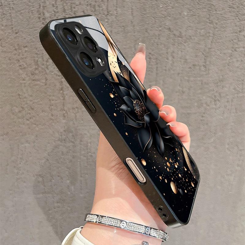 Coque de téléphone noire en verre trempé motif fleur de lotus noire pour Samsung Galaxy S25 S24 S23 Ultra Plus FE