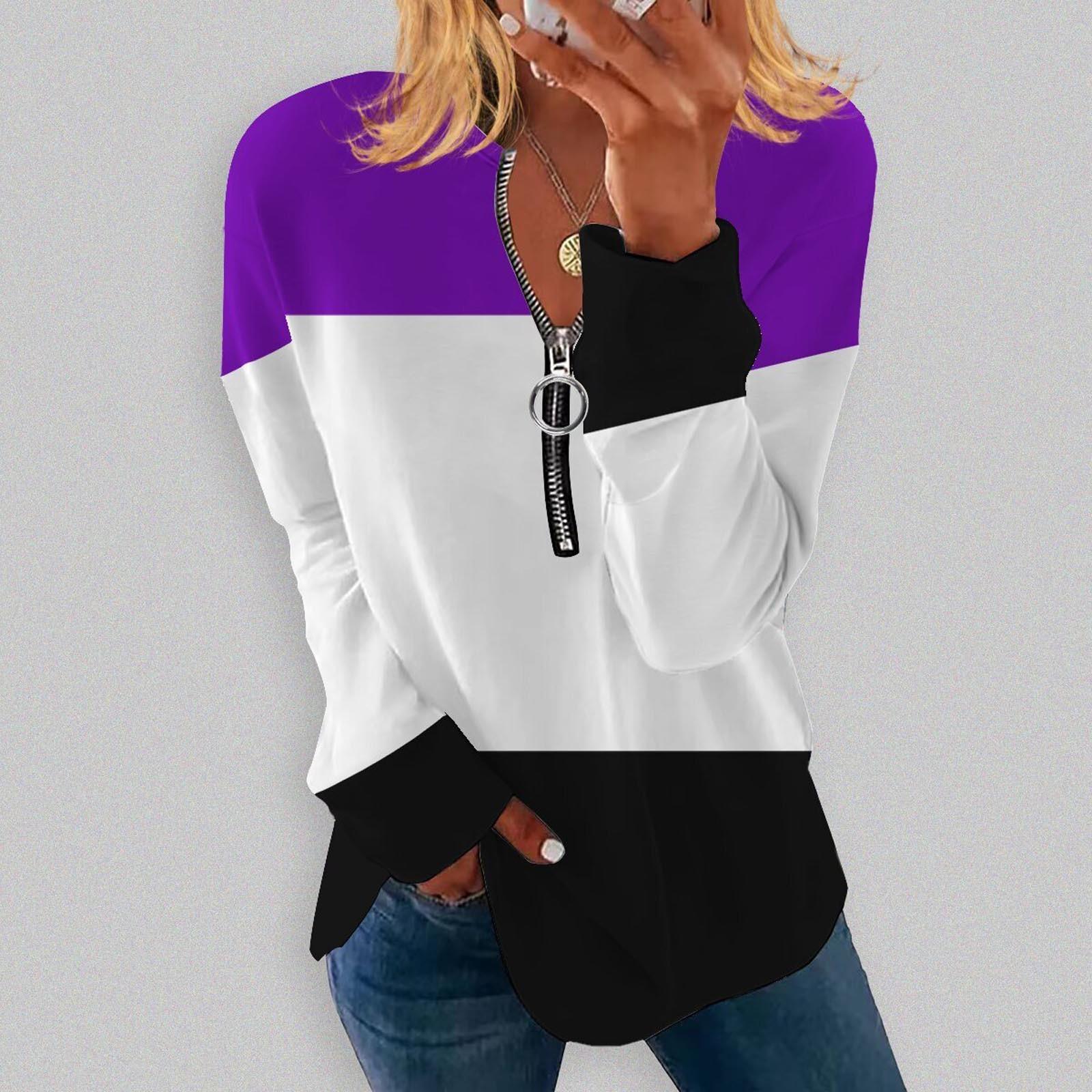 

Women s Fashion Casual Round Neck Hoodie Irregular Striped Geometric Printed Long Sleeve Blouse XL фіолетовий