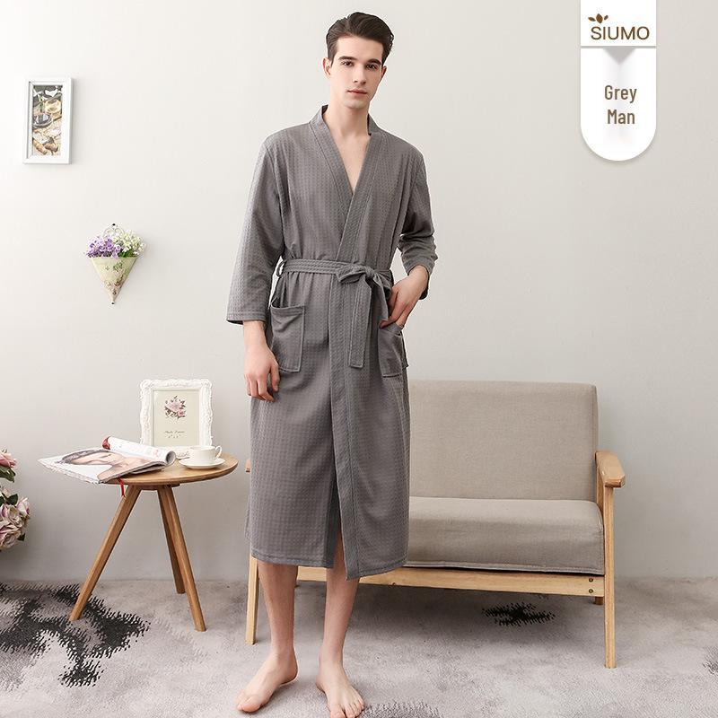 

Летний легкий вафельный халат на конец года - Унисекс с V-образным вырезом и рукавом 3/4, абсорбирующая одежда для сна для весны и осени XXXL