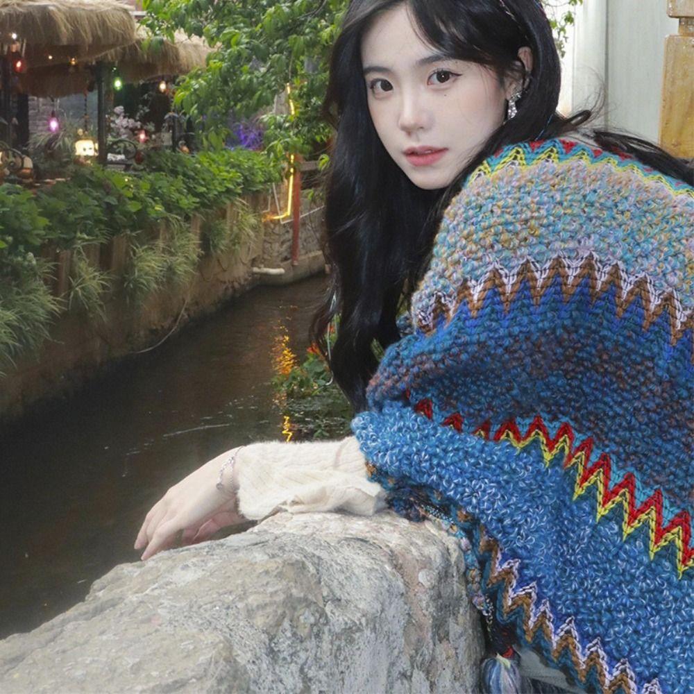 Wave Ethnic Style Shawl Stripe Large Neck Scarves Elegant Winter Knitted Scarf  Outdoor