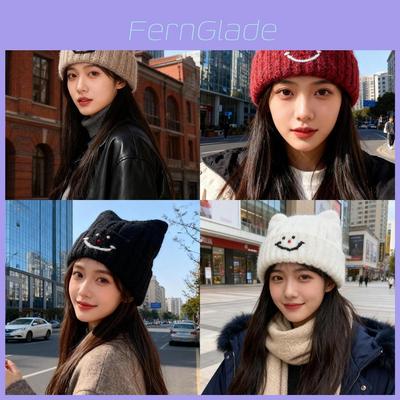 Cute Cat Ear Smile Face Knit Hat For Women Winter Warmth And Windproof Protection