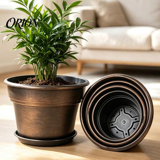 Distressed Copper Texture Planters Retro Flower Pot with Saucer, Bronze Finish Plant Drainage Holes, Breathable Thickened Plastic Planter for