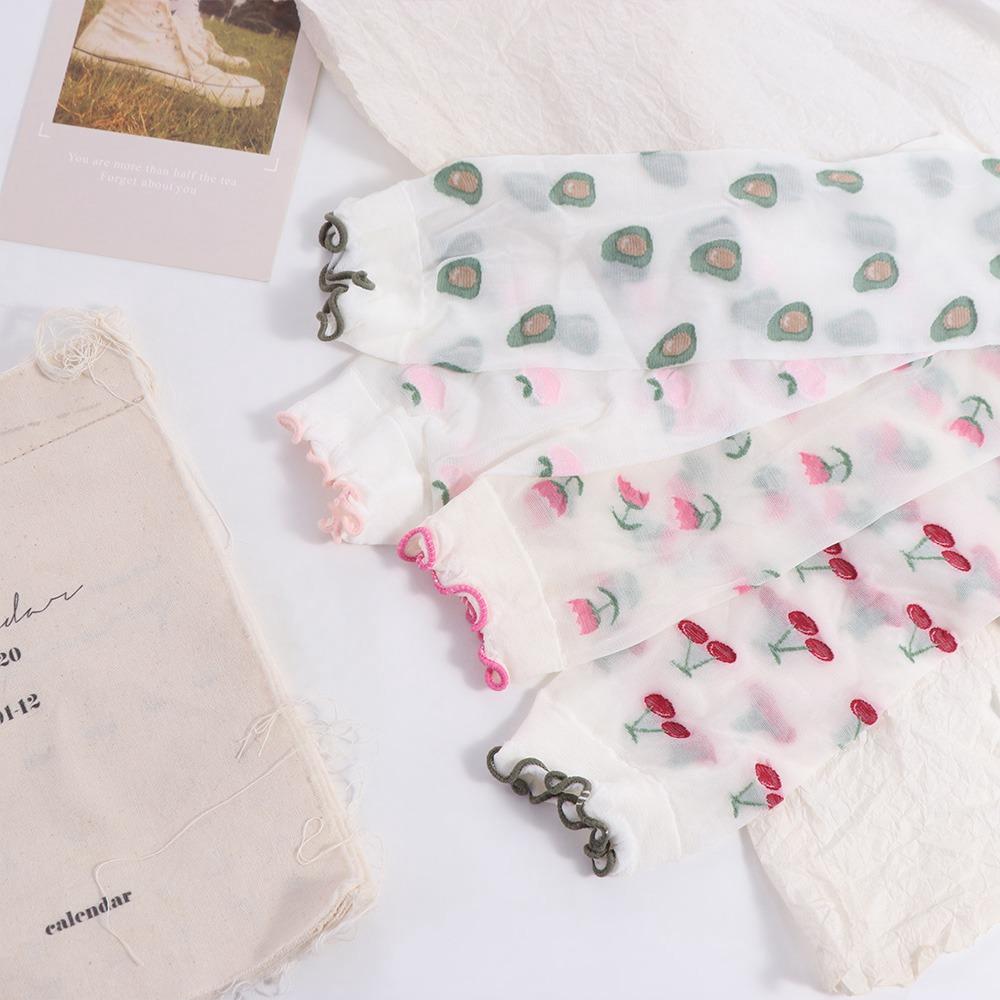 Peach Transparent Flower Ruffle Socks Avocado Fruit Mesh Tulle Mid Tube Socks  Girl
