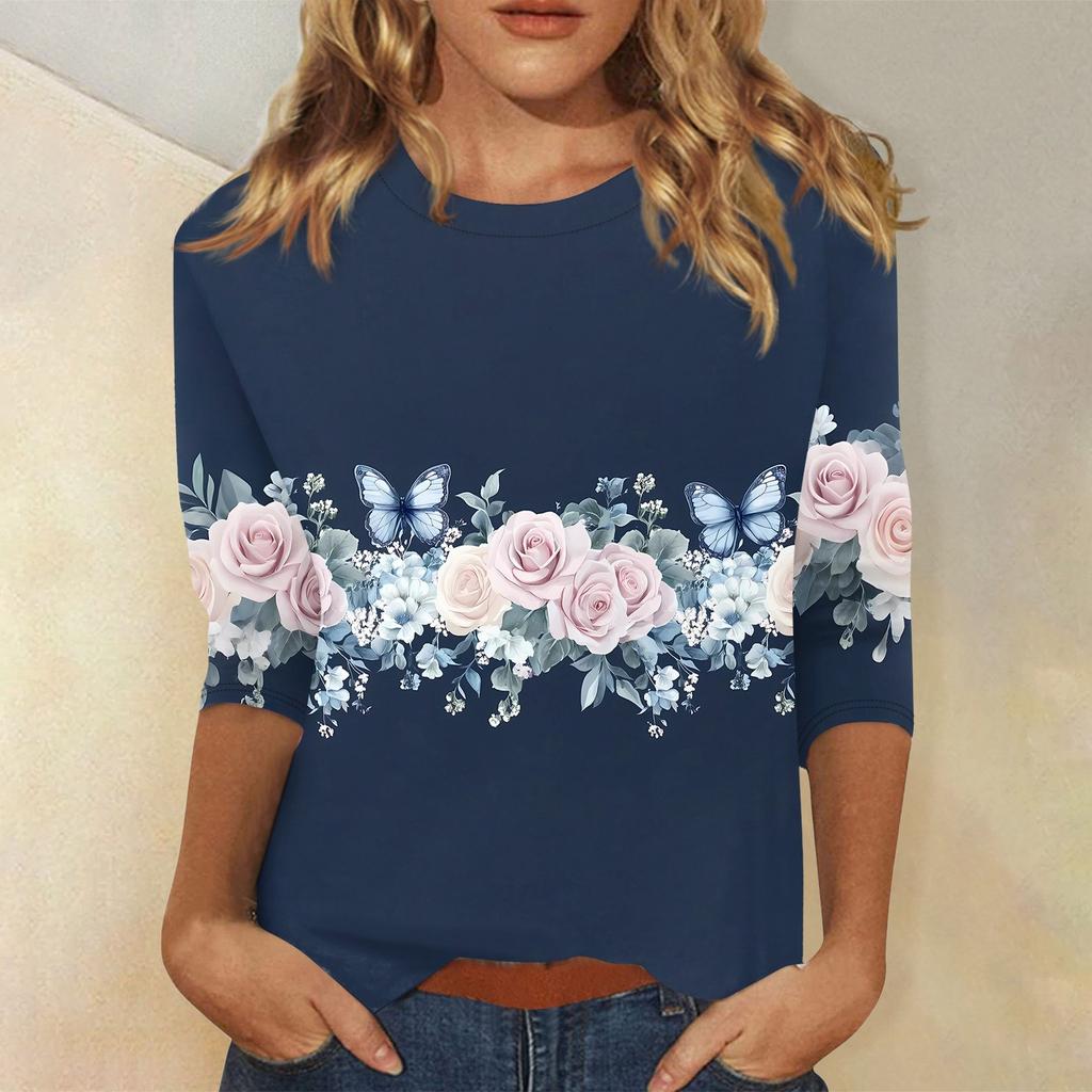 Modisches, lässiges Pullover-Oberteil mit Dreiviertelärmeln und bedrucktem Kragen für Damen