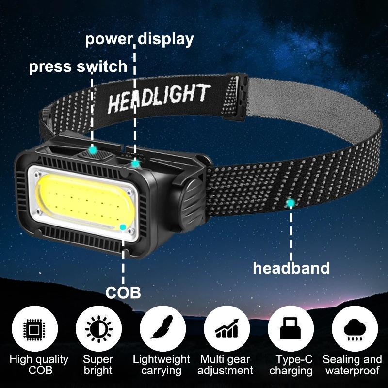 Portable Headlamp Type-C Rechargeable LED Wave Sensor Headlight Strong Light Outdoor Camping Fishing Night Running Head Lamp