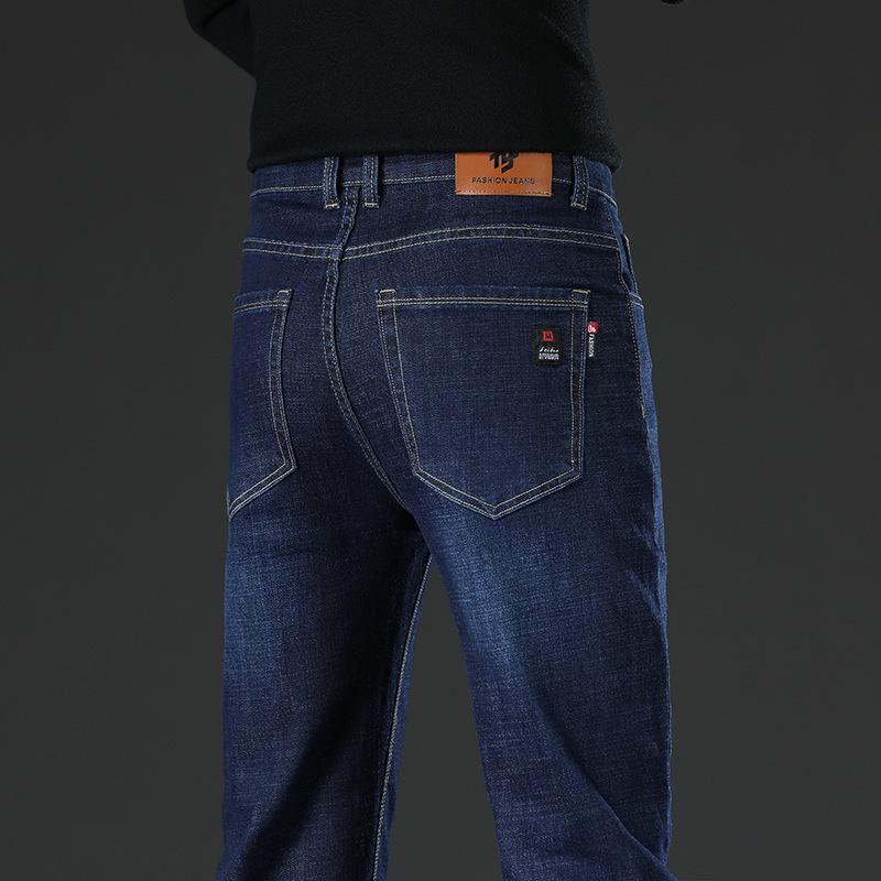 Spring and Autumn Jeans Straight Loose Fleece Thickened Warm Business Elastic Casual Pants