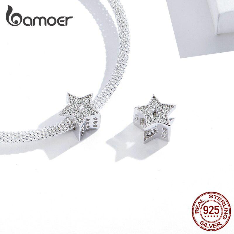 BAMOER Genuine 925 Sterling Silver Shiny CZ Paved Round Charm Heart Star Shape Bead for Original Bracelet