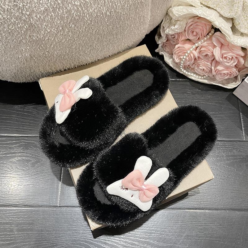 Kreskówkowe proste puszyste kapcie dla kobiet, urocze kapcie bawełniane z króliczkiem do domu, duży rozmiar, płaska podeszwa, puszysta mop