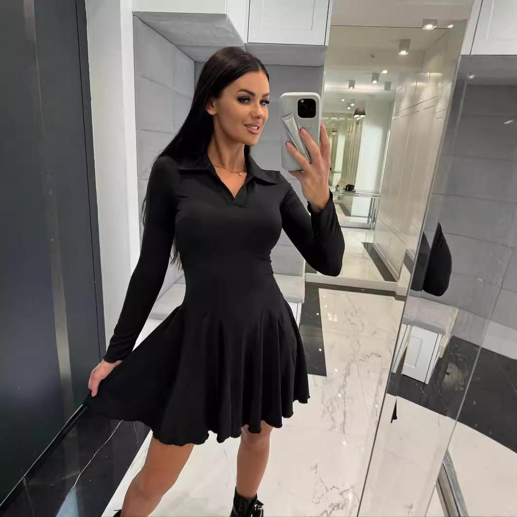 2024 Women's Autumn Long-Sleeve Waist-Hugging Lapel Dress – Solid Color