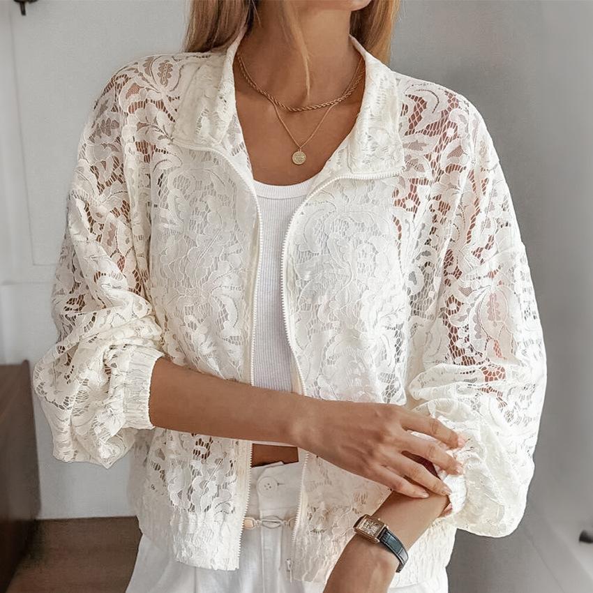French Retro Perspective Lace Splicing Jacket European and American Foreign Trade Lapel Hollow Sunscreen Cardigan Lantern Long Sleeve Outer