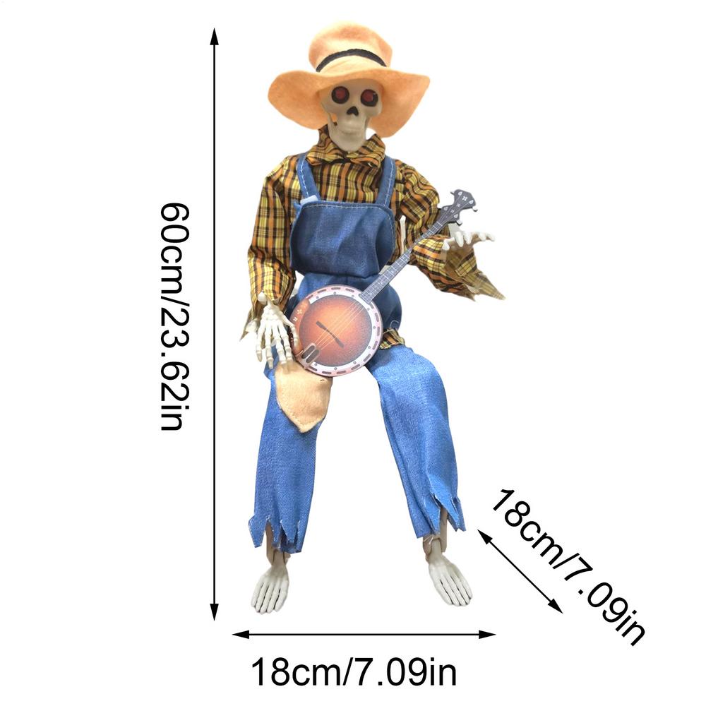 Halloween Skeleton 23.6 Inch Animated Banjo Skeleton Joint Adjustable Musical Prop for Indoor Outdoor Holiday Display Haunted