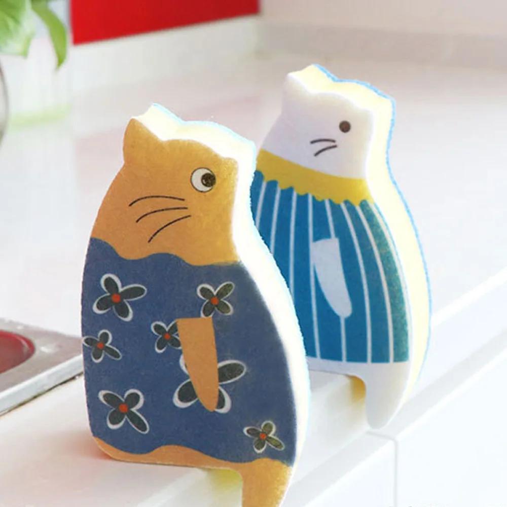 Japanese Cat Dishwashing Sponge 1Pcs Kawaii Kitten Dish Cloth Sponge Wipe Household Scouring Pad Kitchen Gadget Accessories