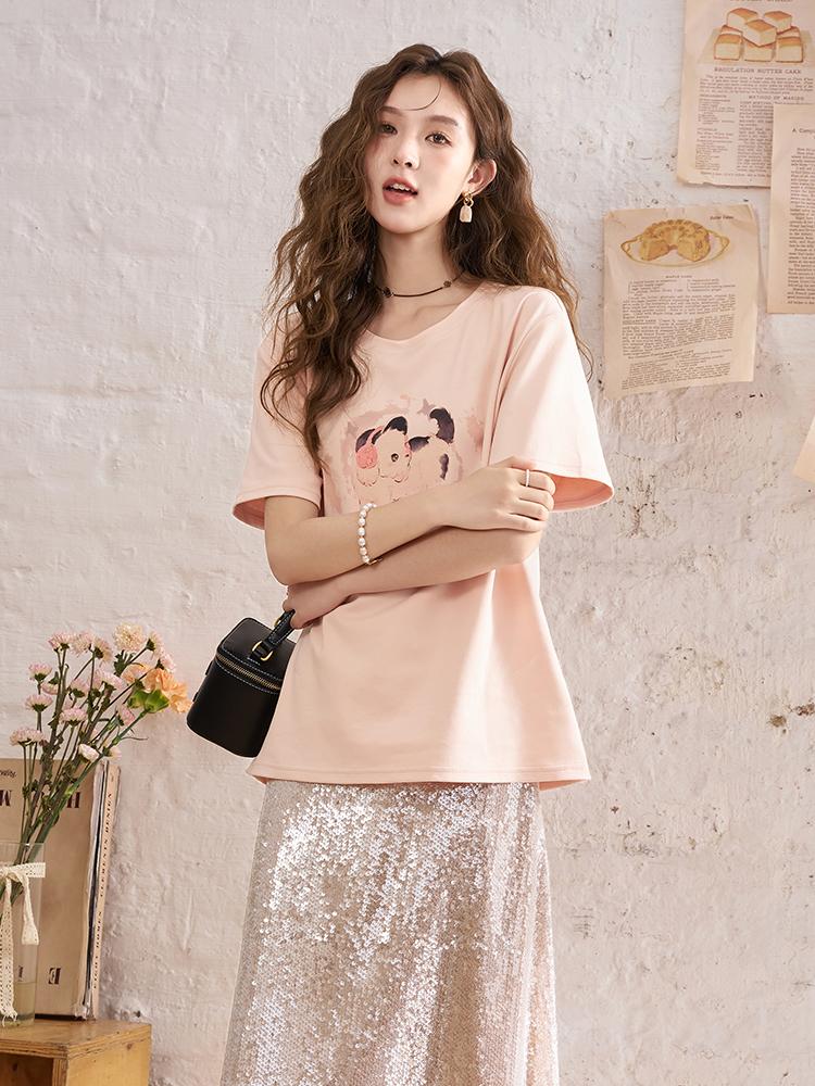 Mishow T-shirt for Women 2024 New Vintage Cotton Printing Niche Design Casual O-neck Elegant Pullover Tops MXD11T0165