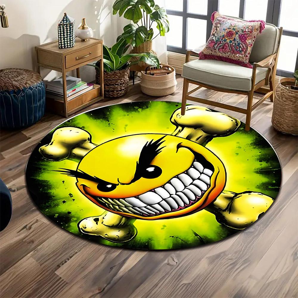 "Grinning Skull Emoji Design Rug" Print round rug, living room, bedroom, playroom carpet, non slip floor mat, gift