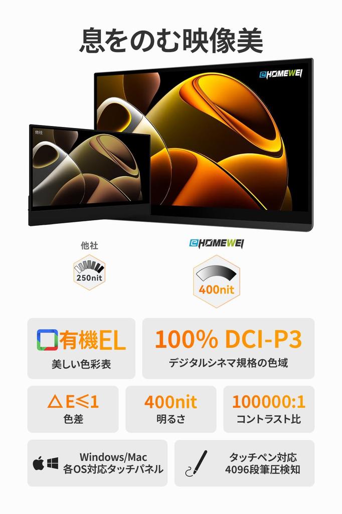 Mobilní monitor EHOMEWEI Organic EL Touch Panel Palcový FHD 1920x1080 Kompatibilní s dotykovým perem Kompatibilní s lesklým perem Tab Tenký 5mm Gaming Blue Light Cut