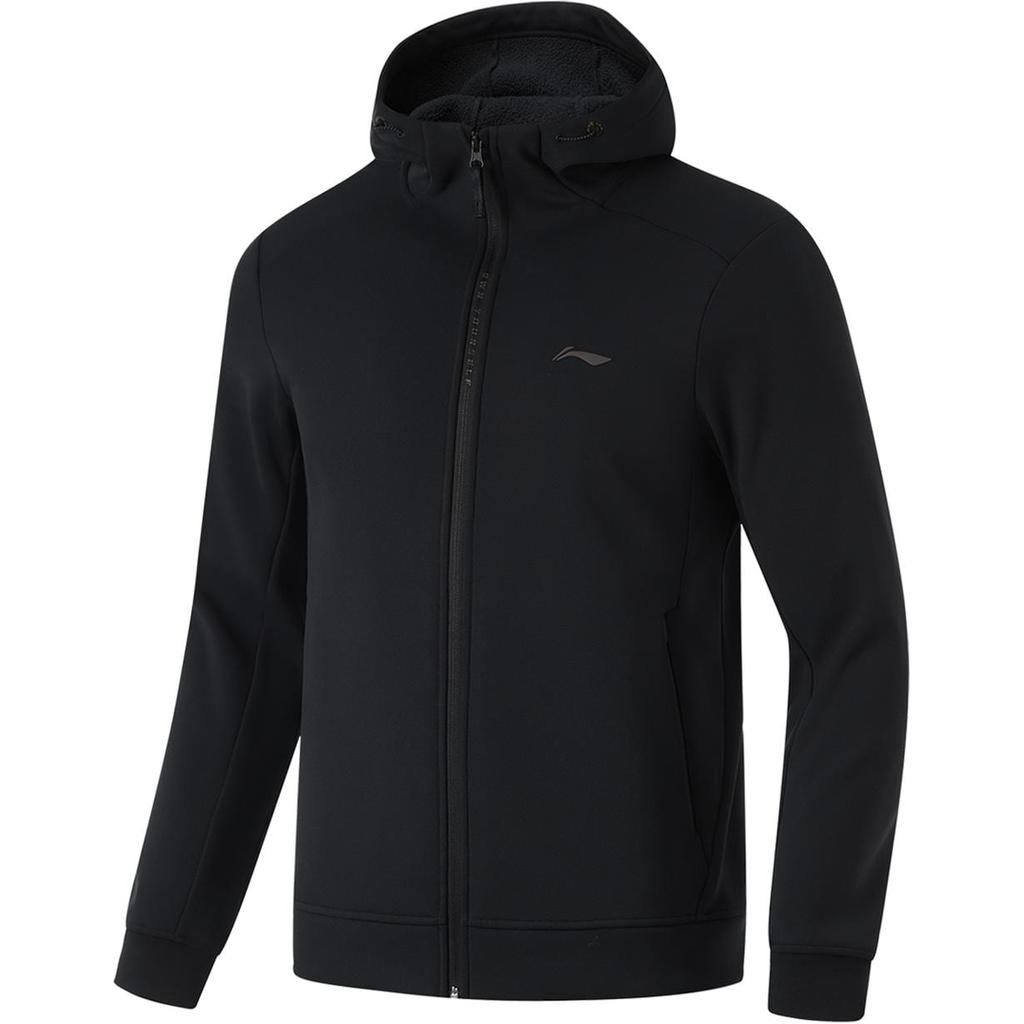 Li Ning Fitness, Knitted Fabric Solid Color Hooded Fleece Lined Warm Zipper Sweatshirt Men's Black AWDU577-1