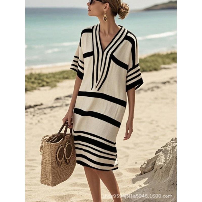 2026 women's V-neck dress seaside vacation 3D printing loose skirt beach
