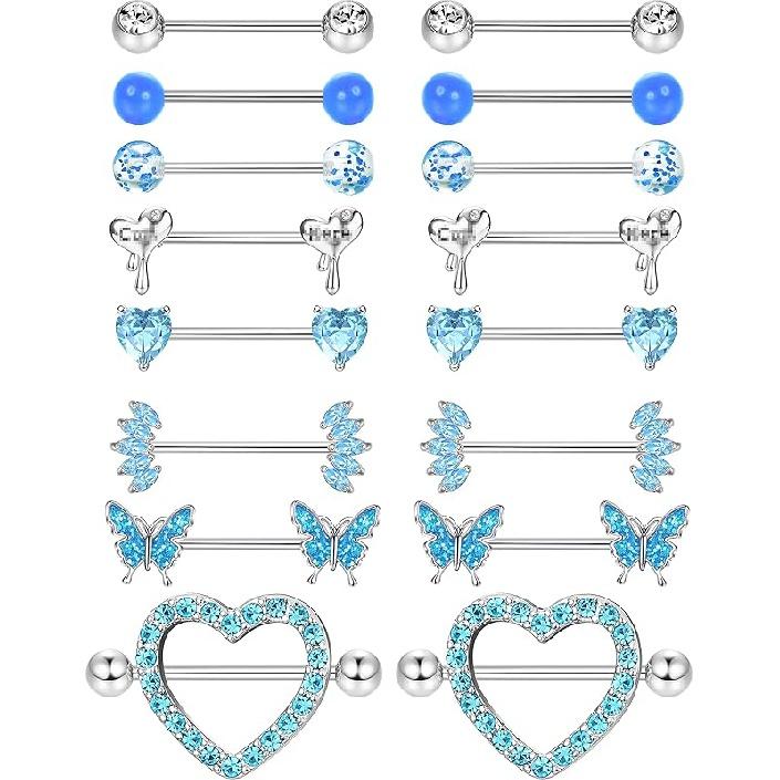 

Besteel 8 пар колец для сосков 14G нержавеющая сталь кольца для сосков CZ сердце бабочка мяч язык штанга кольца фиксатор пирсинг украшения для женщин синий
