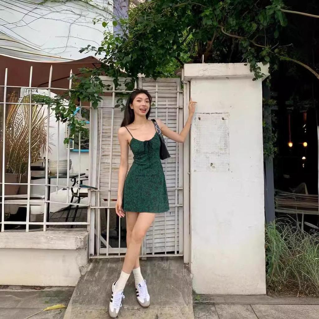 Women's Dark Green Retro Floral French-Style Sleeveless High-Waist Slim Fit Mini Dress for Spring & Summer