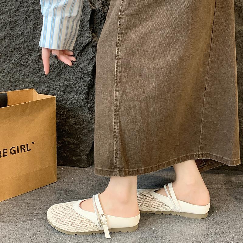 Hollow Woven Bag Head Half Slippers Women's Summer Wear New Flat Bottom Breathable Hole Shoes Sandals