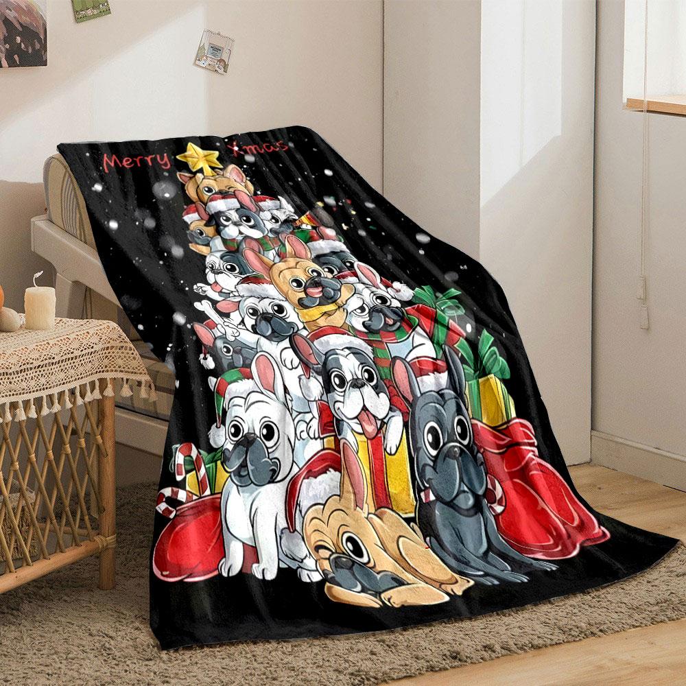 Merry Xmas French Bulldog Tree Pattern Blanket Bedroom Blanket for Livingroom Couch Lunch Break Soft Throw for Friend's Festival Gift