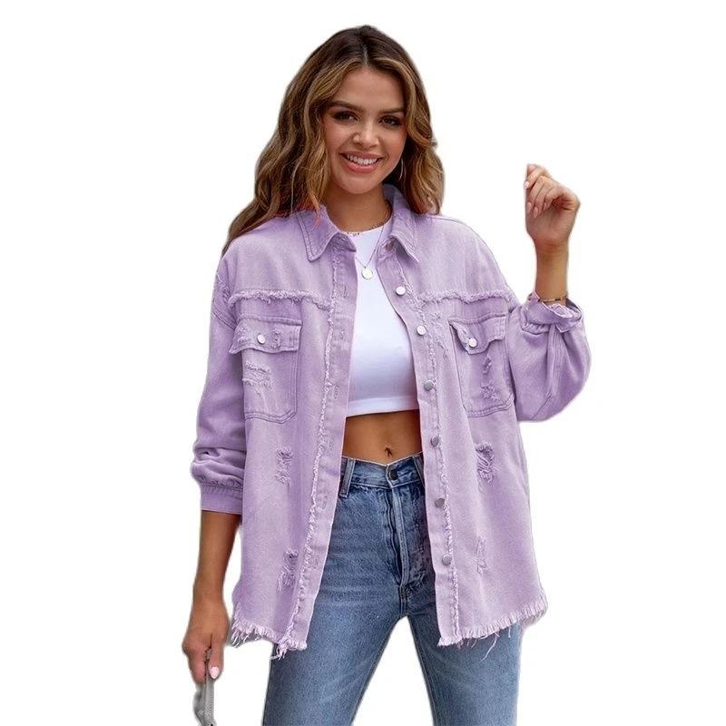 Holes Raw-edges Denim Jacket Women Spring Autumn Shirt Style Jeancoat Casual Top Outerwear Lady Coat