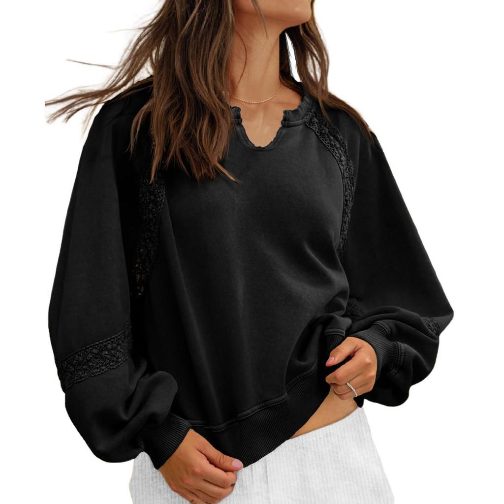 Women's Fashionable Solid Color Patchwork Lace Casual Loose Fitting V-Neck Sweatshirt Top
