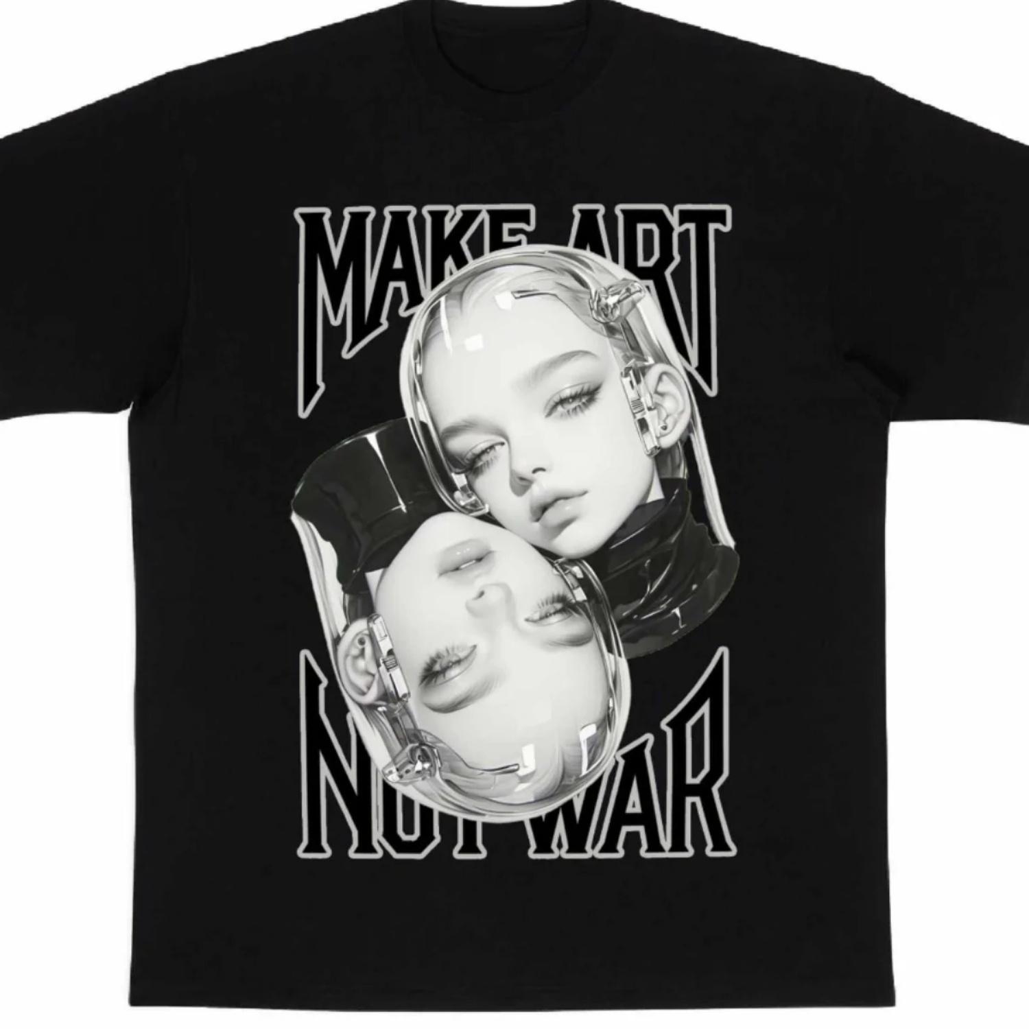 

2025 Winter Autumn Sci-fi 3D Mechanical Girl Trend High Street Unisex All-cotton Loose Black and White Round Neck Short-sleeve S чёрный