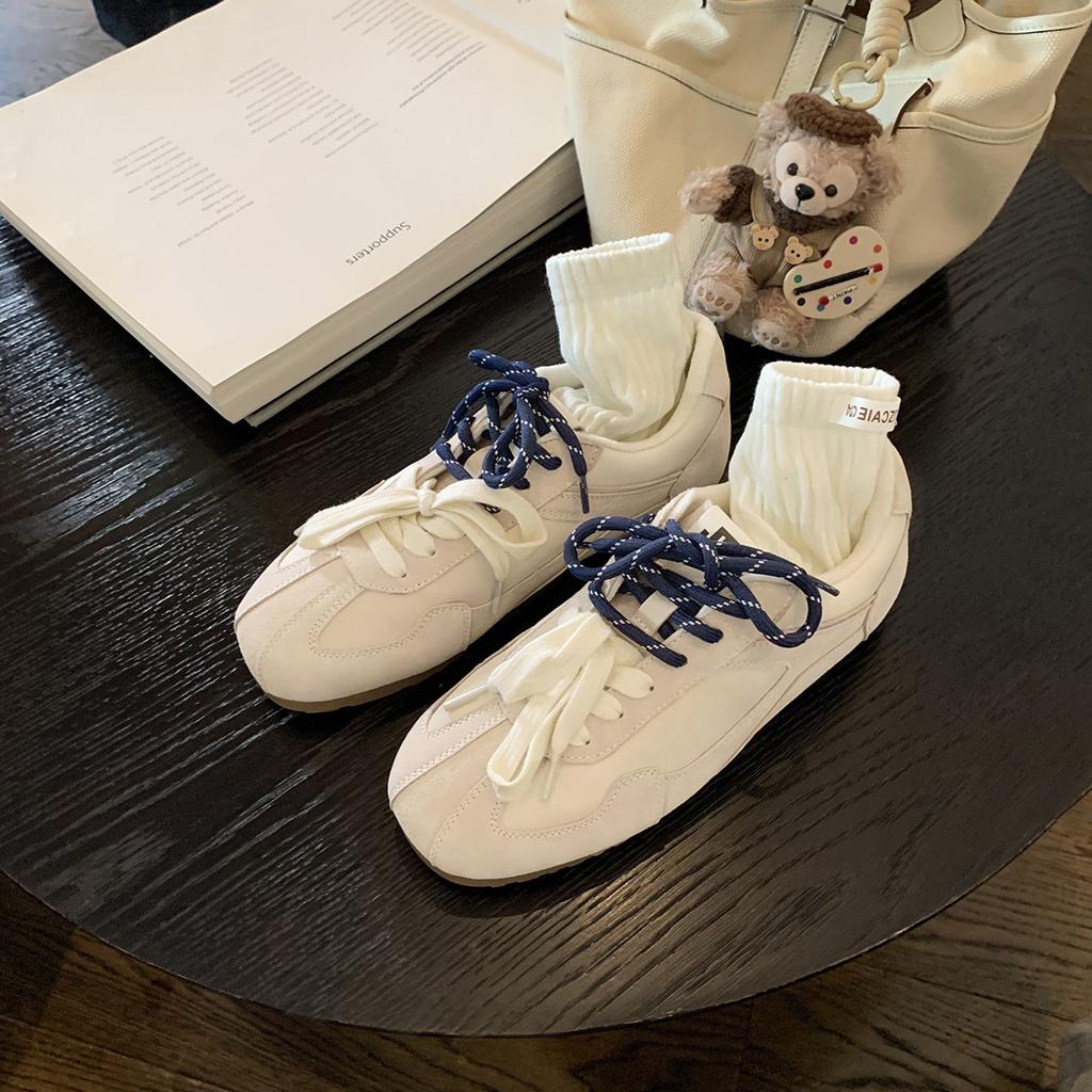 2025 spring new niche square head Forrest Gump training shoes color matching retro round head leather flat bottom casual board shoes women