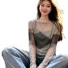 French Crew Neck Smudged Light Mesh Long-sleeved T-shirt Women's Summer New Fashion Thin and Slightly Transparent Sunscreen Blouse