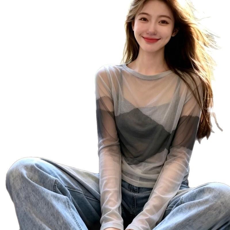 French Crew Neck Smudged Light Mesh Long-sleeved T-shirt Women's Summer New Fashion Thin and Slightly Transparent Sunscreen Blouse