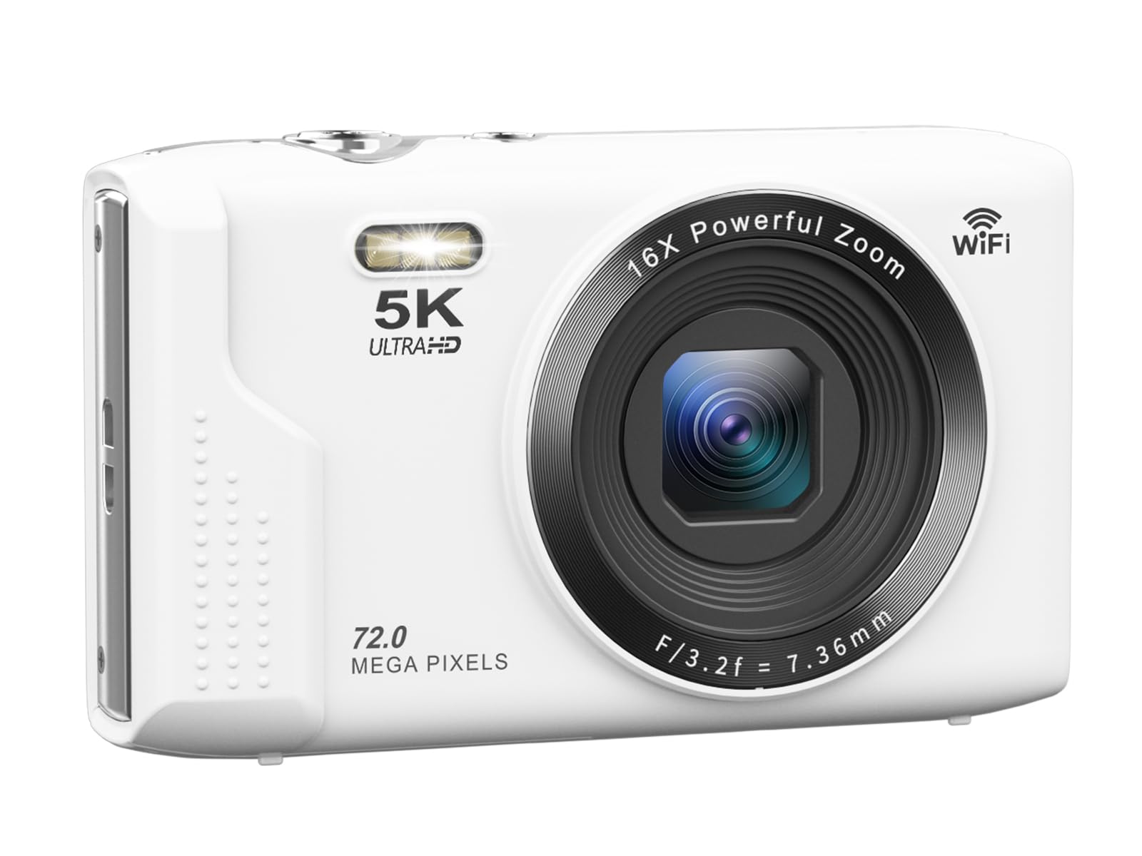 

AiMike 5K Digital Camera with 16x Digital LED Large Two for Perfect for Kids and White Wi-Fi Transfer, 72MP, Zoom, Autofocus, Light, 2.8-inch Screen, білий