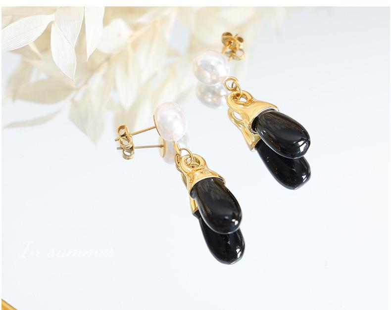 Vintage Faux Pearl Black Glass Stone Long Drop Earrings for Women, Colorfast Titanium Steel Ear Accessories