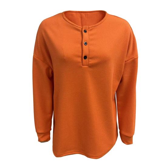 Damen Oberteile Rundhals Knöpfe Dekor Langarm Pullover Oberteile Einfarbig Waffelstrick Texturierte Bluse Alltagskleidung