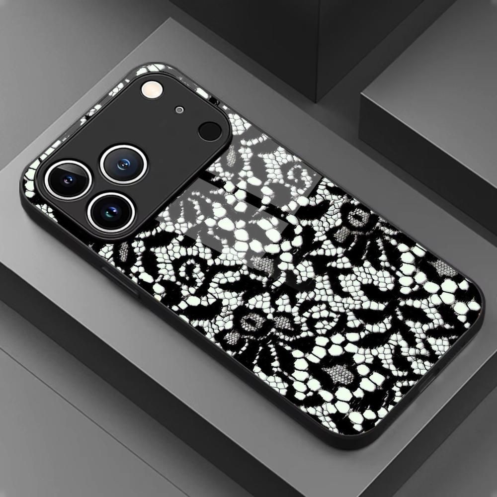 Black & White Floral Lace Glass phone case mobile phones for iphone 17 pro max cover for iPhone 17 16 15 14 13 12 11pm Pro Plus