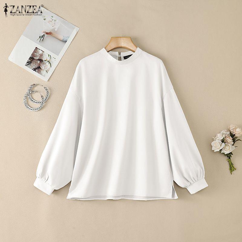 ZANZEA Women Elegant Mock Neck Long Puff Sleeve Casual Loose Solid Color Blouse Tunic Tops