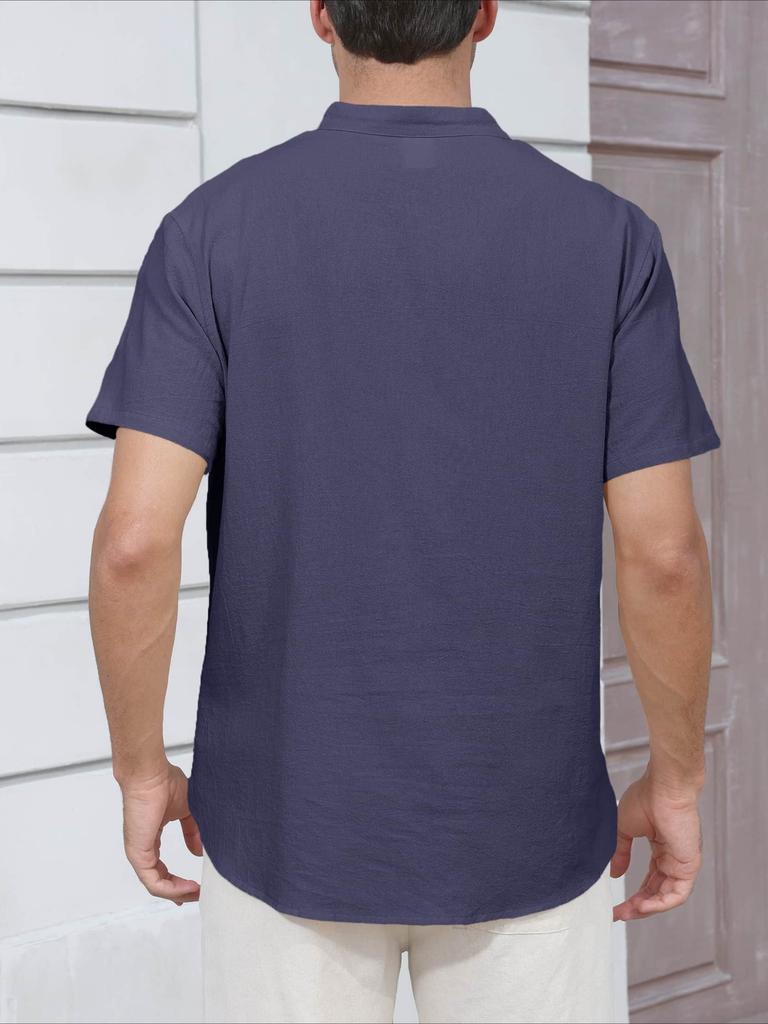 Summer New Men's Lightweight Cotton Linen Short Sleeve Henley Neck T-shirt - Breathable Casual Solid Color Tops Basic Style Tees