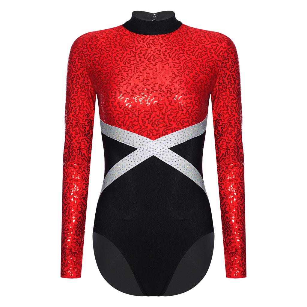 Glänzender Pailletten-Gymnastik-Leotard für Damen, Kontrastfarbe, Langarm, Rücken Ausgeschnitten, Einteiliger Body, Eiskunstlauf-Bekleidung