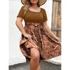 Women's Fashionable And Trendy Round Neck Short Sleeved Waist Print Dress In Plus Size